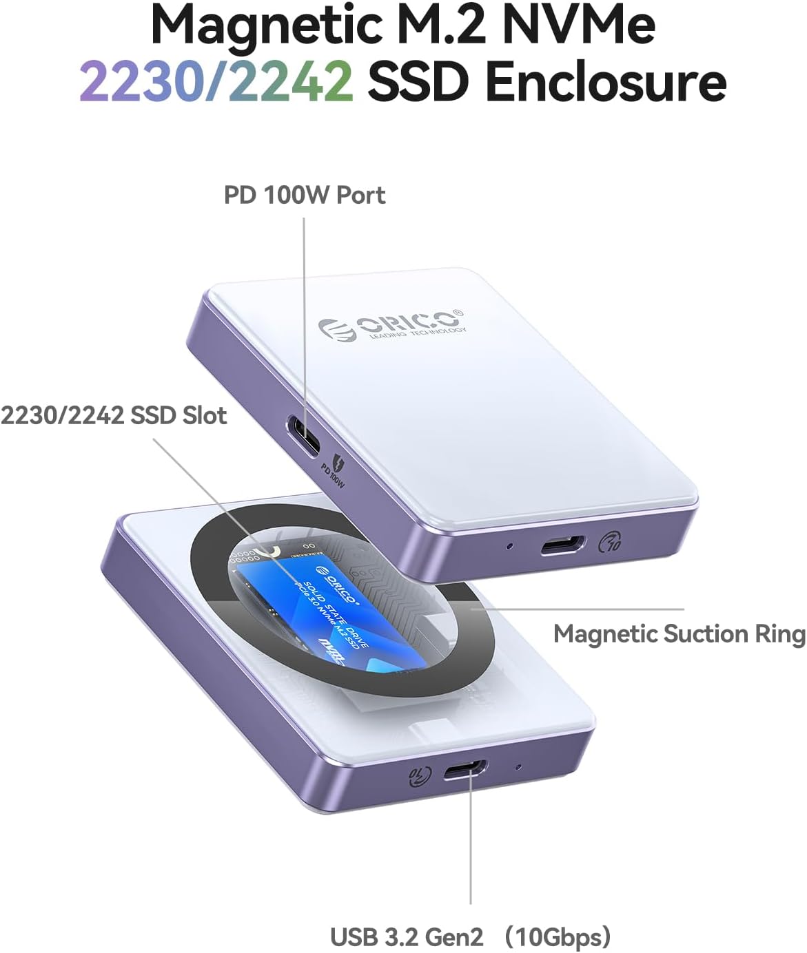 ORICO 10Gbps Magnetic M.2 NVMe SSD Enclosure with PD100W Charging Port 4K ProRes Recording Max 2TB for iPhone 17/16/15 Pro/Pro Max/Plus Support SSD Size 2230/2242 B+M M-Key Diskless AP42P (Blue)