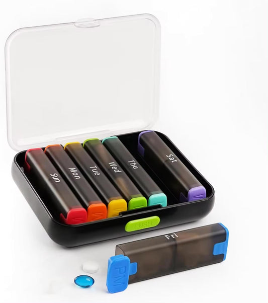 N&S Store 7-Day Pill Organizer, Weekly Medication Storage, Compact, Durable, Portable, Water-Proof, Eco-Friendly, Easy Refill (Black & Rainbow Lid)