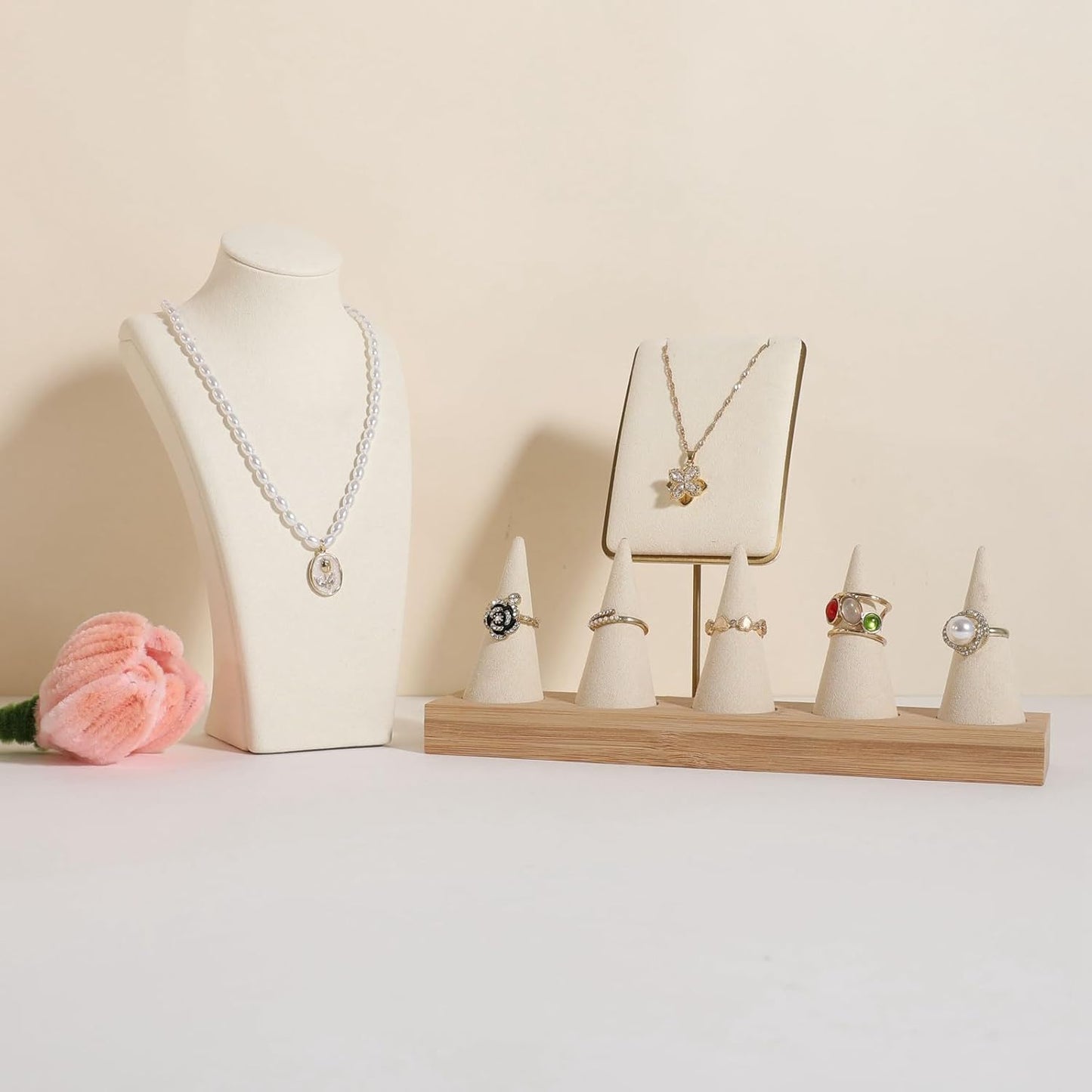 GemeShou Beige necklace storage organizer for sale, Velvet necklace holder stand, jewelry bust display stands, Jewelry Mannequin for Countertop, Showcase【Beige-Small height 7.68 inch】
