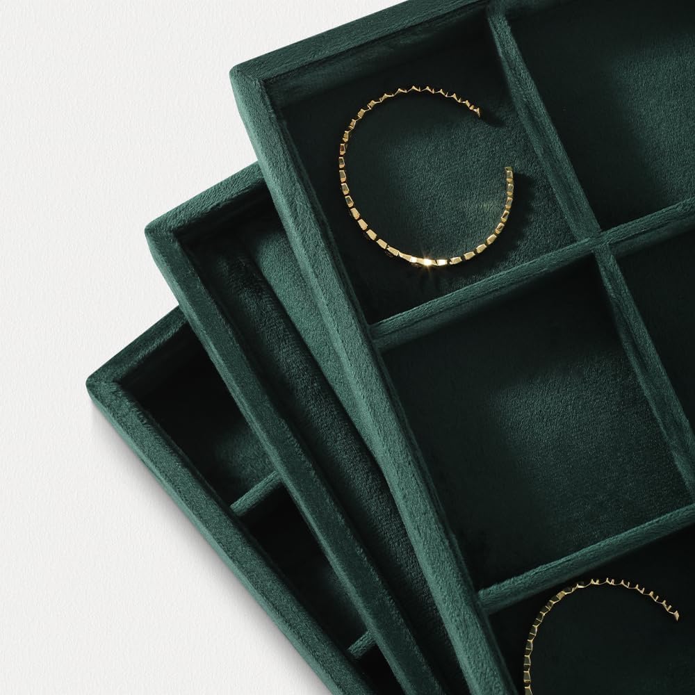 Velvet Stackable Jewelry Display Tray, 12 Grid Watch Bangle Bracelet Storage Tray, Makeup Drawer Insert Jewelry Shop Organizer Plate (Green)