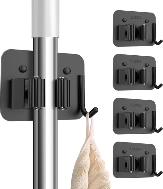 nacena Broom Holder Wall Mount, 4 Packs Black Stainless Steel Mop and Broom Hanger with Hooks Heavy Duty Broom and Mop Organizer Wall Hanging for Bathroom