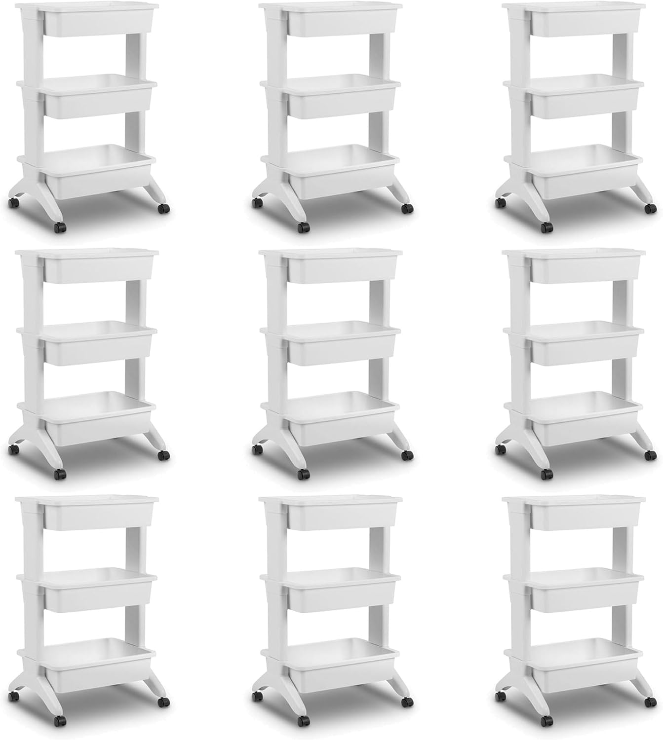 Sterilite 3 Tier Utility Cart Portable Storage Open Bin Organizer with 360 Degree Smooth Rolling Caster Wheels, Supports 10 lb Per Tier, White, 9-Pack