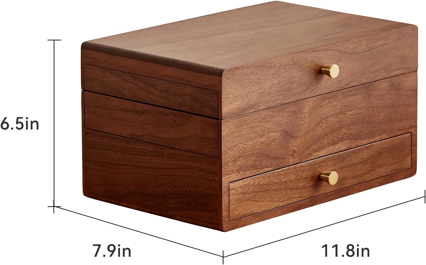CHOSIN Black Walnut Wooden Jewelry Box for Women, 3 Level Multi-functional Drawer Organizer Box Watch Necklace Ring Earring Storage