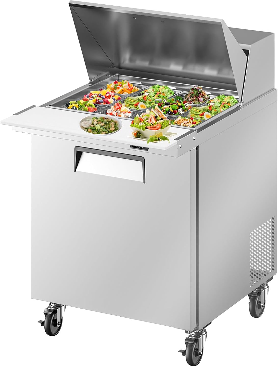 29" W Commercial Refrigerator Sandwich Salad Prep Table, Stainless Steel 1-Door Sandwich Prep Table Refrigerator, Counter Fan Cooling Refrigerator with 12 Pans for Restaurant, Bar