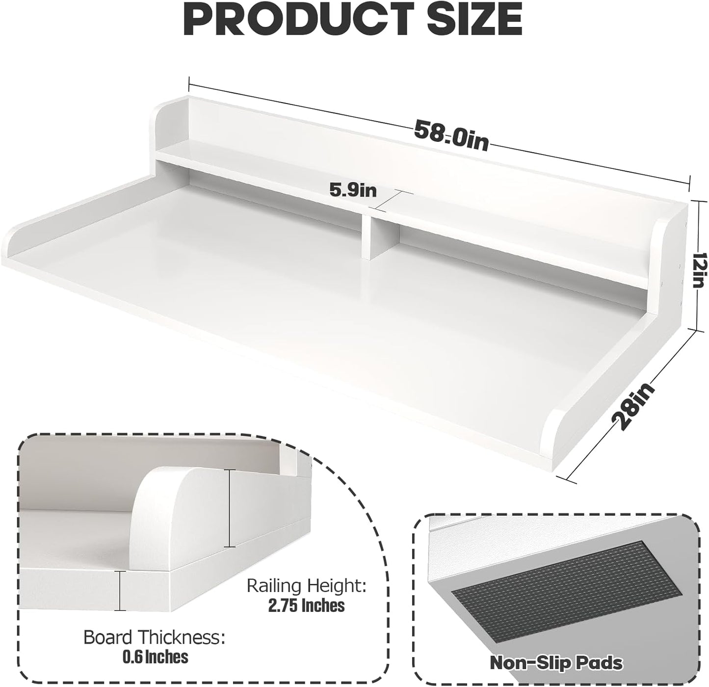 2-Tier Washer Dryer Countertop with 2.75" H Edge Rails, 58" W x 28" D Laundry Countertop for Folding Clothes, Washer and Dryer Topper with Non-Slip Pad (White)