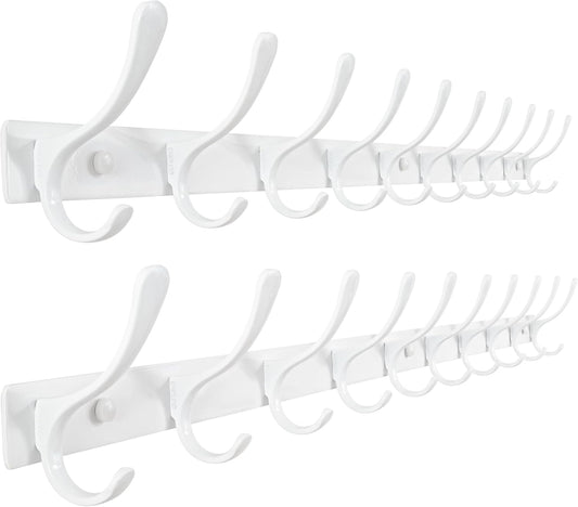 SKOLOO Coat Rack Wall Mounted - 10 Hooks, Pack of 2, Heavy Duty, Stainless Steel, Metal Wall Hangers, Sturdy Coat Hooks for Hanging Coats, Jacket, Clothes, Hat, White