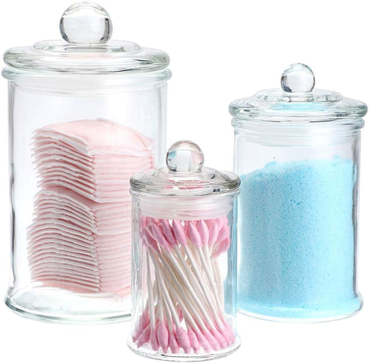 MDLUU Glass Canisters, Apothecary Jars with Airtight Lids, Bathroom Vanity Storage Organizer Containers for Qtip Cotton Swabs, Cotton Balls, Flossers, Bath Salt, Hair Tie, Set of 3
