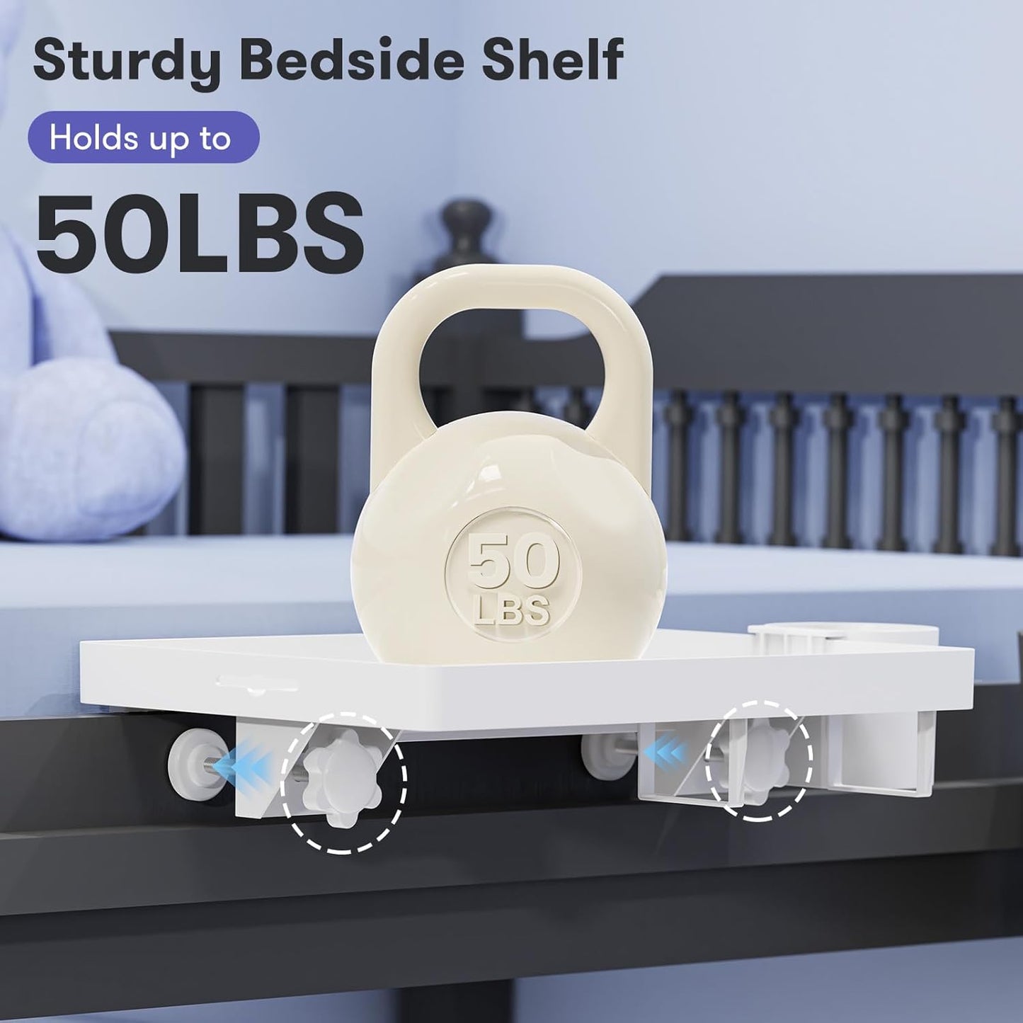 Bedside Shelf for Top Bunk Bed, Bedroom Dorm Room Essential Nightstand for College Student, White Bunk Bed Tray Table with 50LBS Capacity, BedShelf with Cup Holder (Material & Clamping Screw Updated)