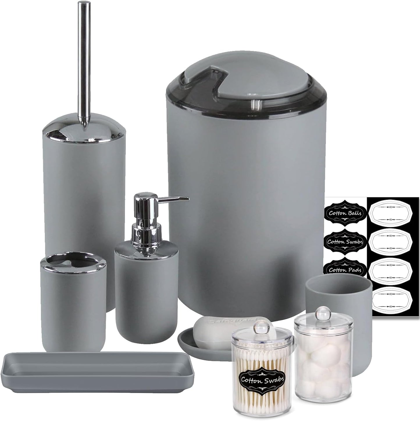 IMAVO Bathroom Accessories Set,Grey Bathroom Set,9 Pieces Bathroom Accessory Set,Tray,Qtip Holders,Toilet Brush,Trash Can for Bathroom Décor and Home Gifts