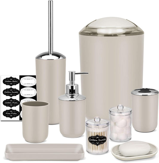 IMAVO Bathroom Accessories Set,Beige Bathroom Set,9 Pieces Bathroom Accessory Set,Tray,Qtip Holders,Toilet Brush,Trash Can for Bathroom Décor and Home Gifts