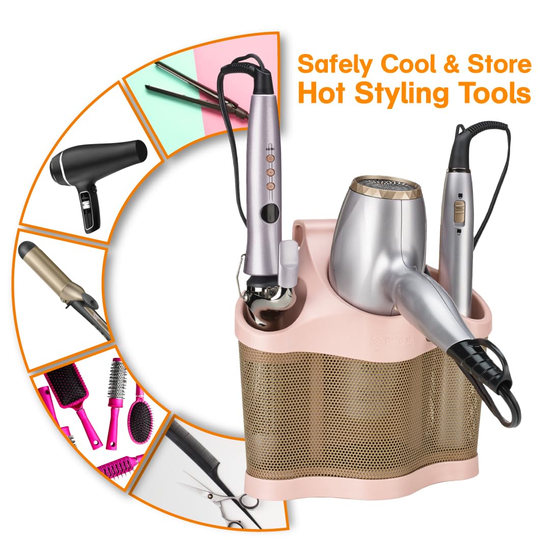 Polder Style Station, Hair Tool Organizer for Hair Dryer, Curling Iron, and Hair Straightener, Easy-to-Store Hair Styling Station, Blush and Bronze