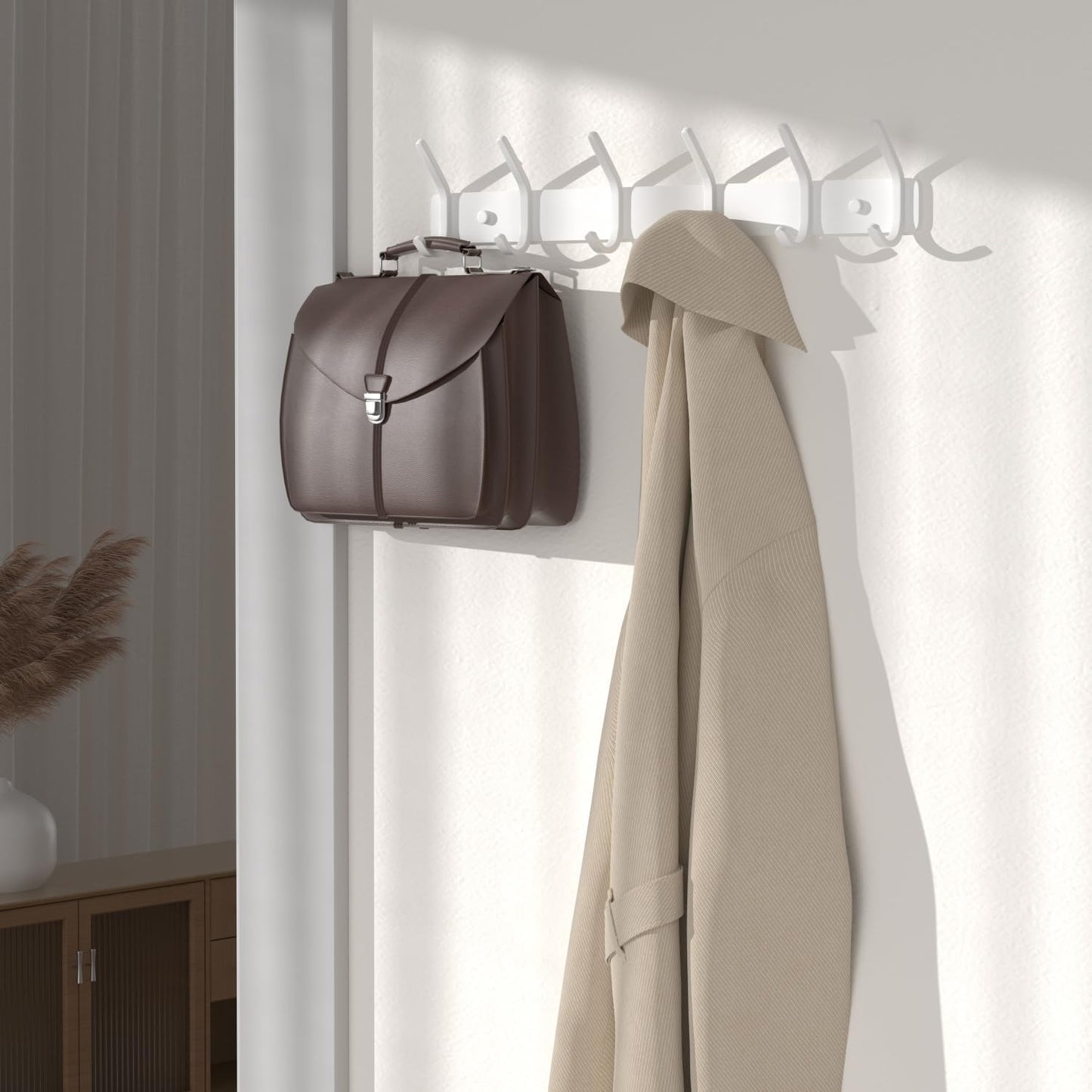 Coat Rack Wall Mount Hooks - 15 Inch Matte White Metal 6-Hook Organizer Wall Mounted, Modern Kids Room, Entryway & Bathroom Hanger for Beach Towels, Coats, Purses, Bags (1 Pack)