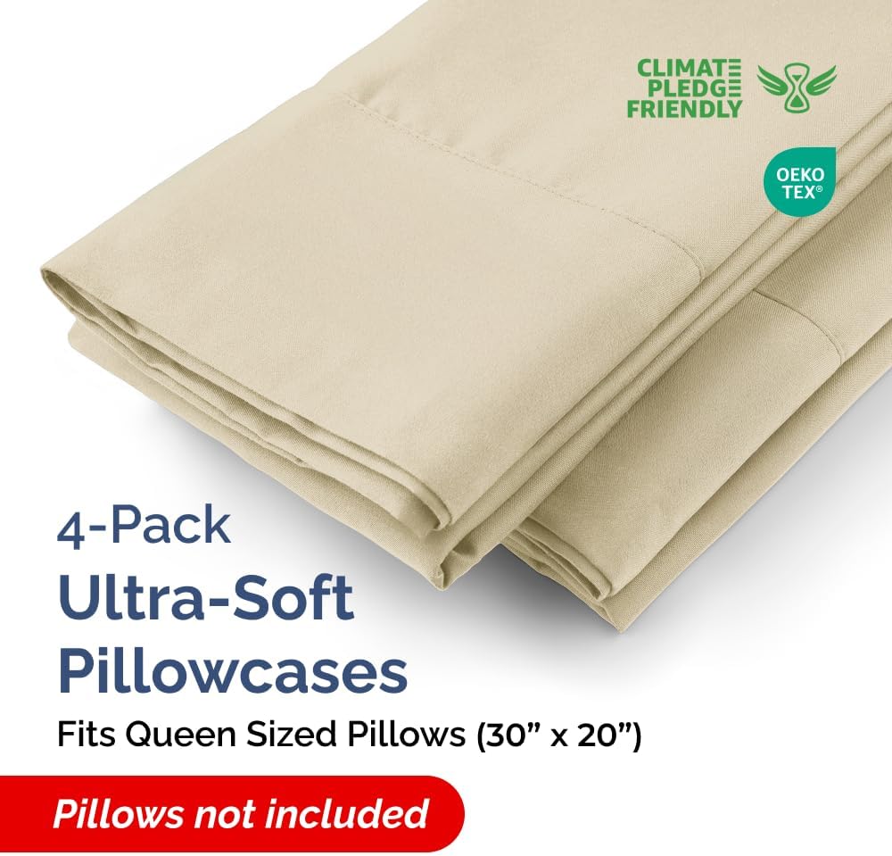 Queen Pillow Cases - 4 Pack - Super Soft Pillowcase Covers - Envelope Enclosure - Hotel Quality Pillow Protectors - Wrinkle Free, Fade, Shrink & Stain Resistant - Machine Washable - 20" x 30" (Cream)