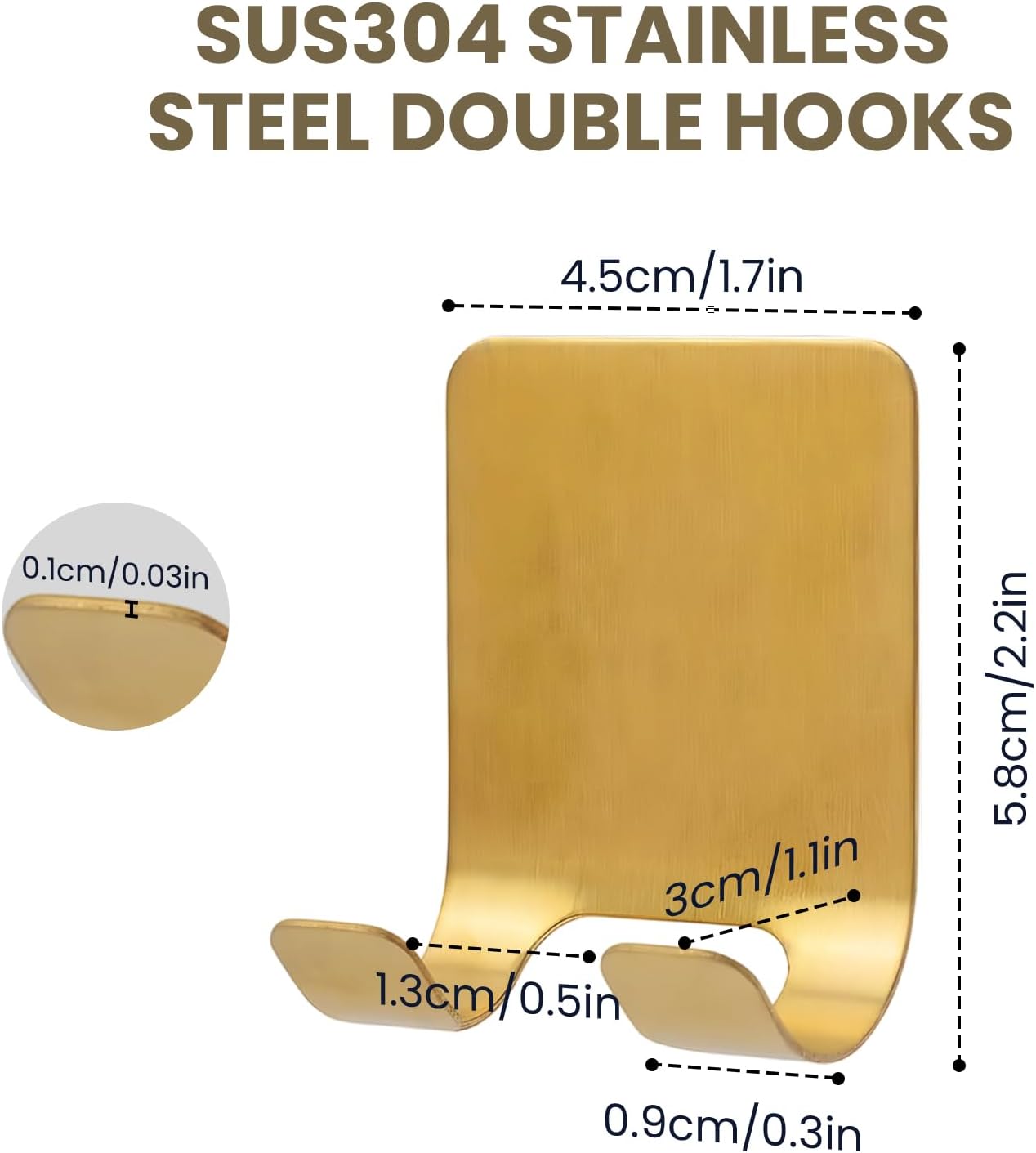 4-Pack Self-Adhesive Waterproof Hooks - Heavy-Duty Metal Razor Holder for Shower, Bathroom or Kitchen Organization,Stylish Gold Towel & Loofah Wall Hangers