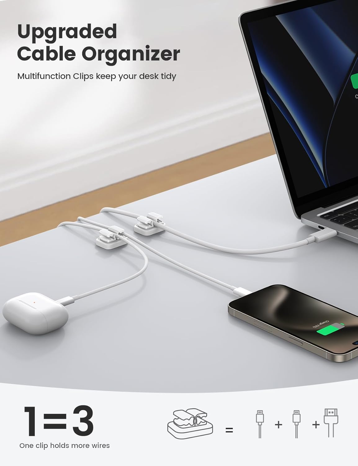 3-in-1 Cord Organizer Spring Clip Holder - Lamicall Small Desk Cable Organizer Clips, Adhesive Adjustable Wire Holder for Phone Charging Cord, Cable Management, Office Desk Accessories, White, 3Pcs