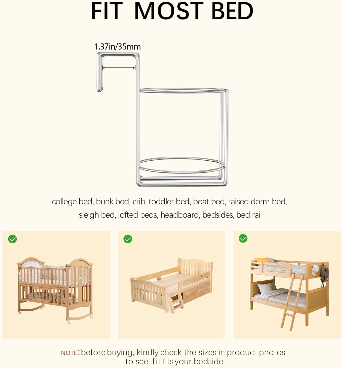 Cup Holder for Bed (Diameter: 3.3IN) Drink Holder Water Bottle/Glass Organizer for Wood Dorm Room Bunk Bed Crib, Metal Toddle Bed,Loft Bedside, Headbed, Car,Office Desk Partition