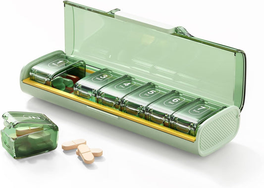 Weekly Pill Organizer,Portable 7 Day Pill Box,Moisture Proof Medicine Pill Organizer,Travel Pill Case with BPA-Free Material,Pocket-Size for Supplements & Vitamins (Green)