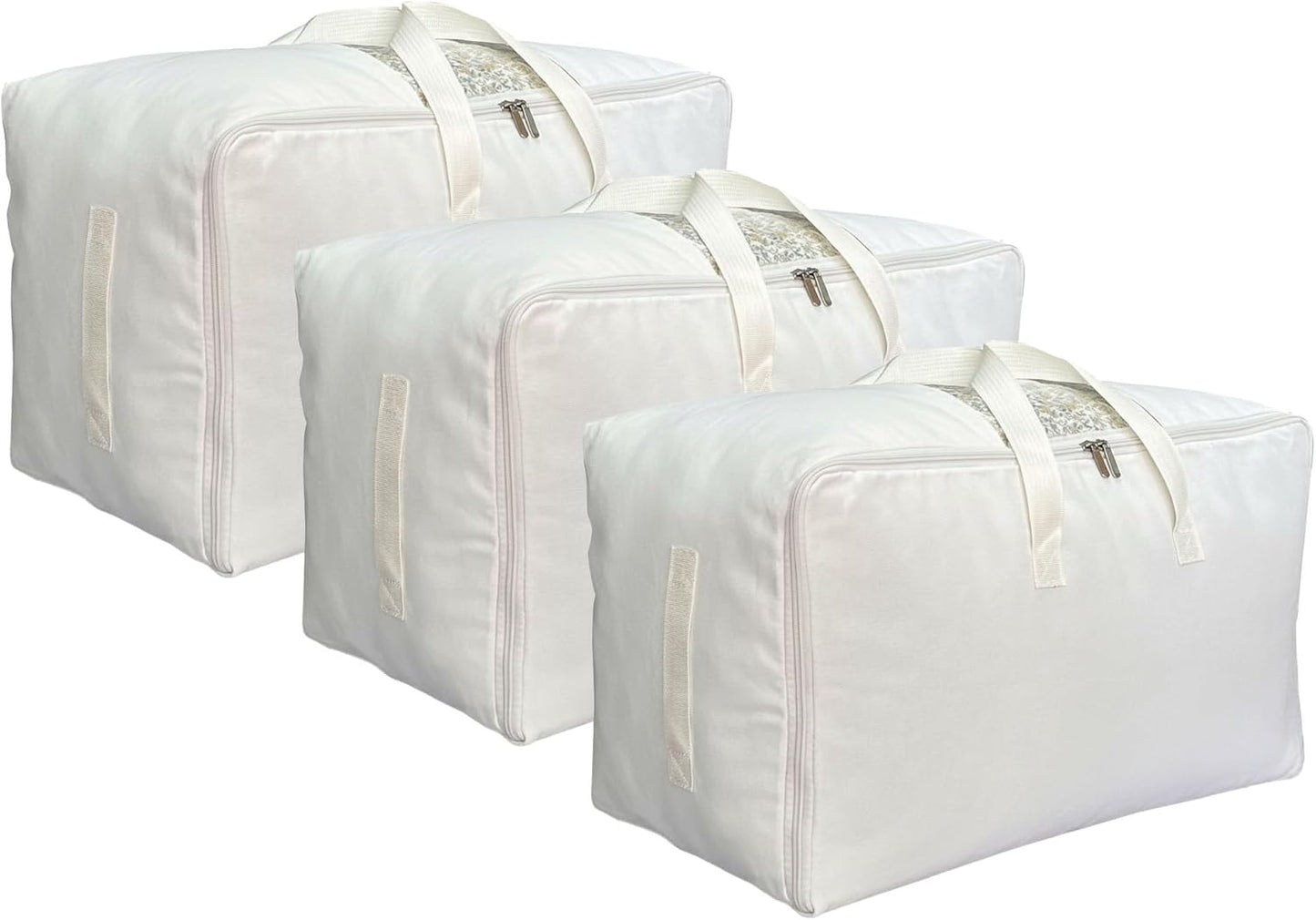 Soft Large Canvas Comforter Storage Bags with Four Carrying Handles and Clear Window, Closet Organizer for Clothing, Blankets Sheets Pillows and Bedding, 80L, 3 Pack, White