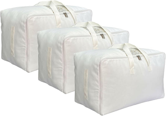Soft Large Canvas Comforter Storage Bags with Four Carrying Handles and Clear Window, Closet Organizer for Clothing, Blankets Sheets Pillows and Bedding, 80L, 3 Pack, White