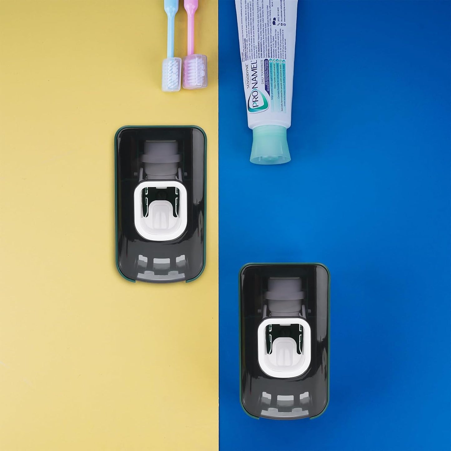 2 Slot Toothbrush Holder and Toothpaste Dispenser Wall Mounted, Automatic Toothpaste Squeezer, 2 in 1 Tooth Brush Toothpaste Organizer for Shower (Green)
