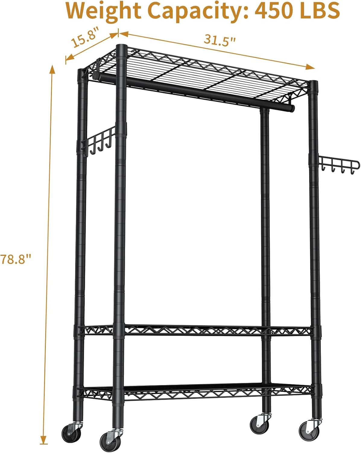 Heavy Duty Clothes Rack Rolling Garment Rack,3 Tier Adjustable Wire Shelving Clothing Racks for Hanging Clothes with Hanger Rod&Side Hooks,Freestanding Wardrobe Storage Rack Metal Portable Closet