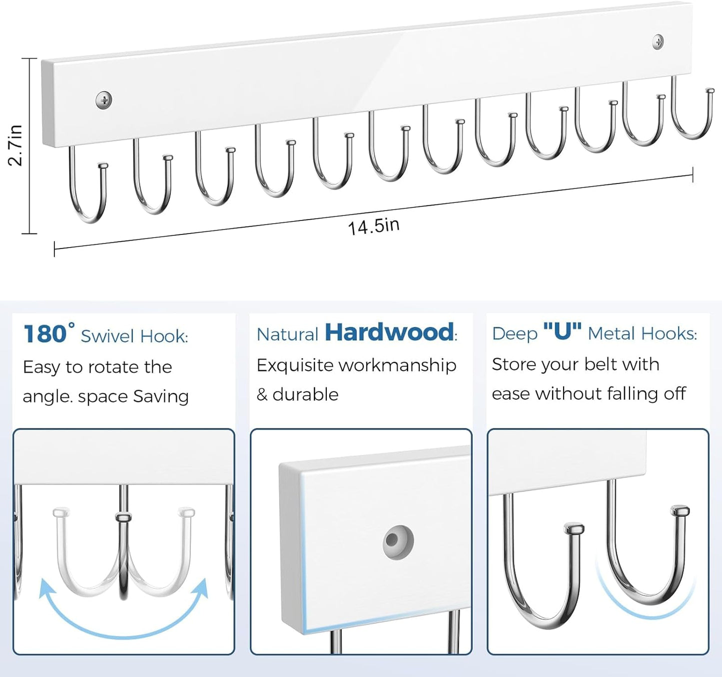Belt Hanger Wall Mounted, Wooden Coat Rack Belt Organizer 2 Pack Max 24 Storage Capacity, 180° Rotating Space Saving Hangers for Ties, Tank Tops, Scarves, Bras, Keys, Bags White