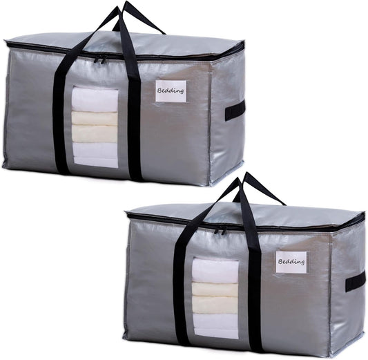 TAILI Extra Large Moving Bags, 2 Pack Silver Heavy Duty Totes for Storage with Visible Window, Wrap Around Handles, Storage Bags for Space Saving, Alternative to Moving Boxes