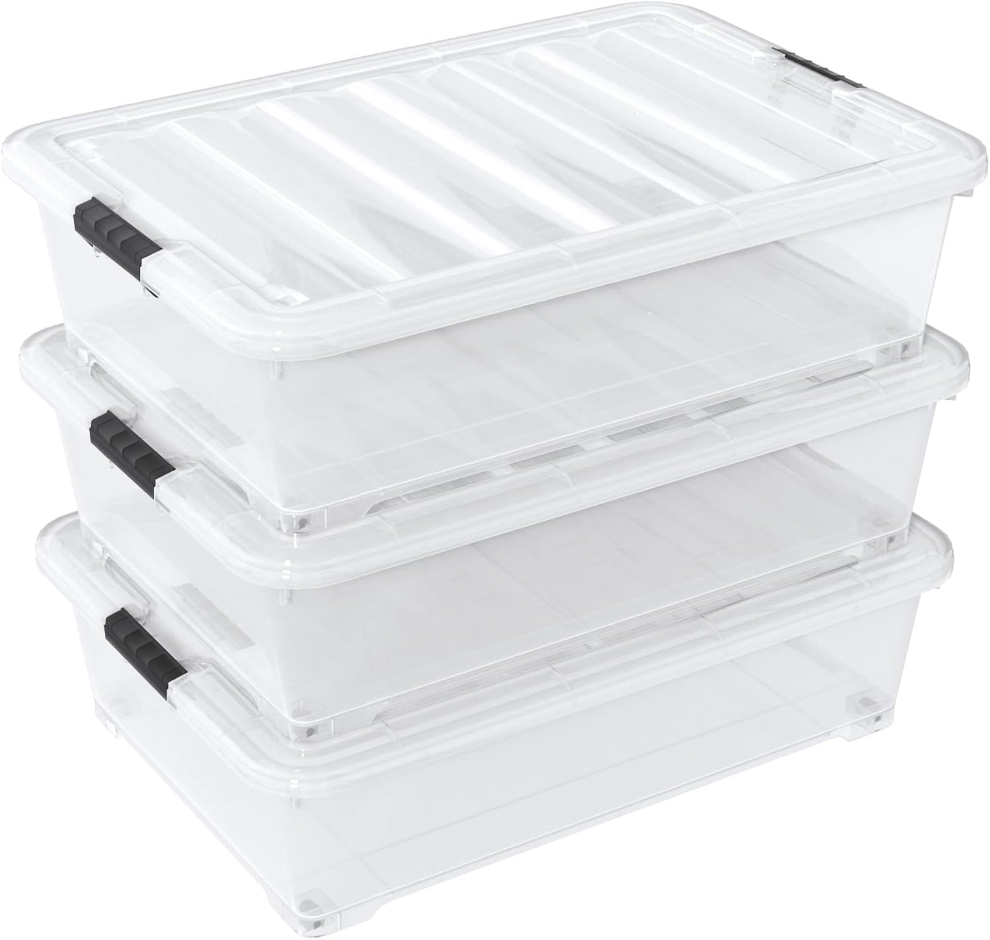 3 Packs 50 Liter Under Bed Storage Container with Wheels, Plastic Clear Under the Bed Organizer Bins with Lids