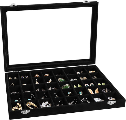Wudygirl 40 Grid Jewelry Organizer Tray for Earrings Rings Bracelets Storage Necklaces Display Large Jewelry Box with Clear Lid Multiple Compartments Drawer Organization (Black Velvet)