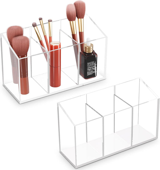 Acina 2PCS Clear Makeup Brush Holder Organizer Acrylic 3-Slots Cosmetic Brushes Storage Organizer for Vanity Countertop