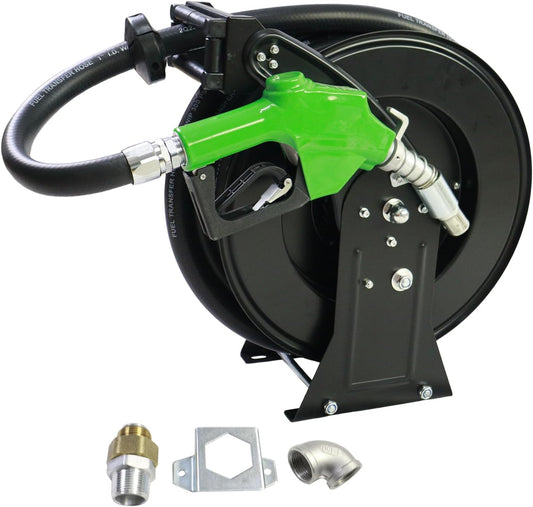 Fuel Hose Reel,1"X33' Retractable Ratchet Spring Driven Diesel Hose Reel,360 Rotating Fuel Hose Swivel,AUTO Fuel Nozzle,SS304 Elbow Pipe,Barb Fitting,300 PSI,Swivel Steel Construction Reel