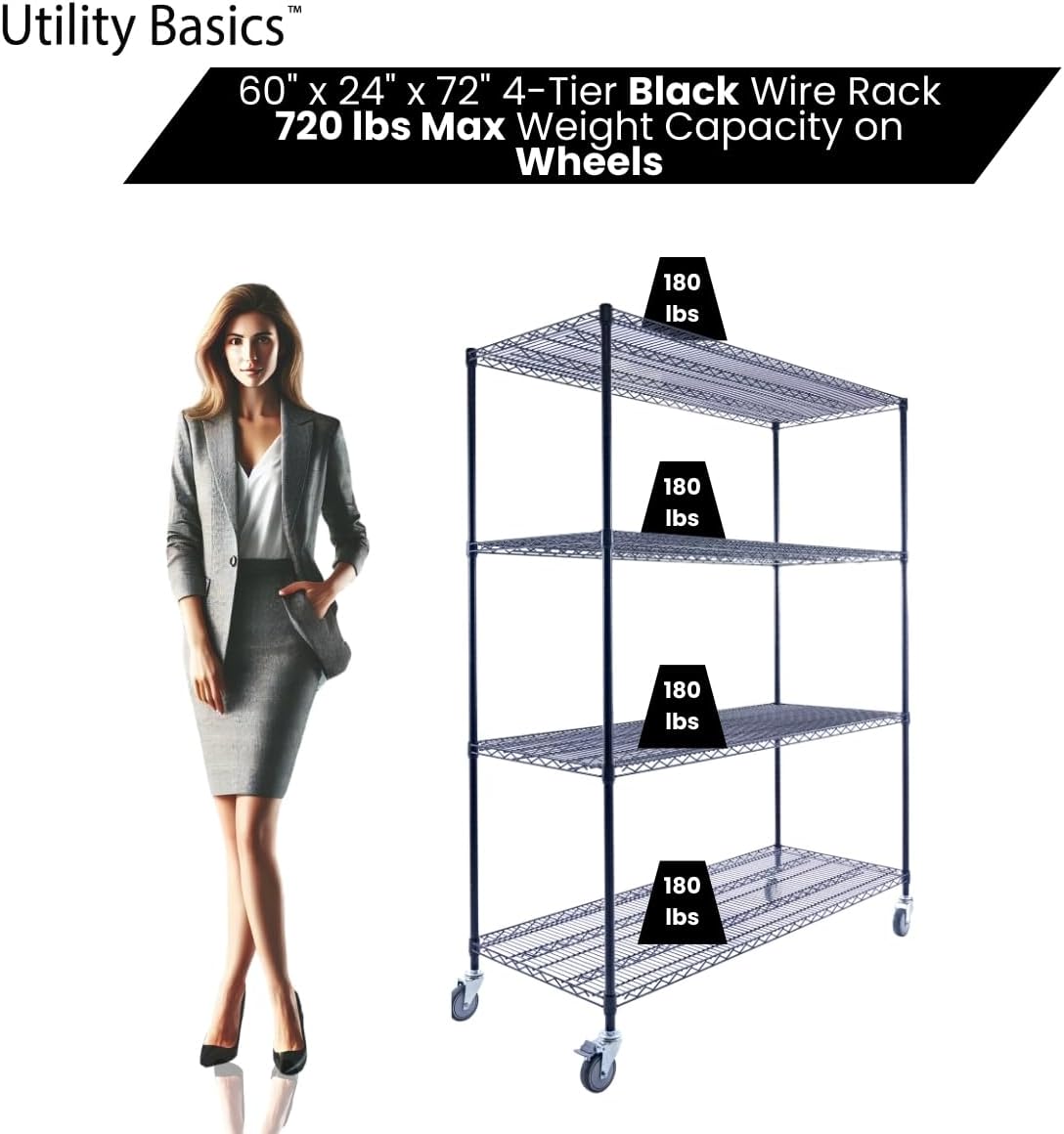 NSF Commercial 4-Tier Wire Shelving with Wheels, 60"x24"x72" Heavy Duty Metal Shelves 3200 lbs Max Capacity, Black Storage Rack for Garage Kitchen Pantry Warehouse