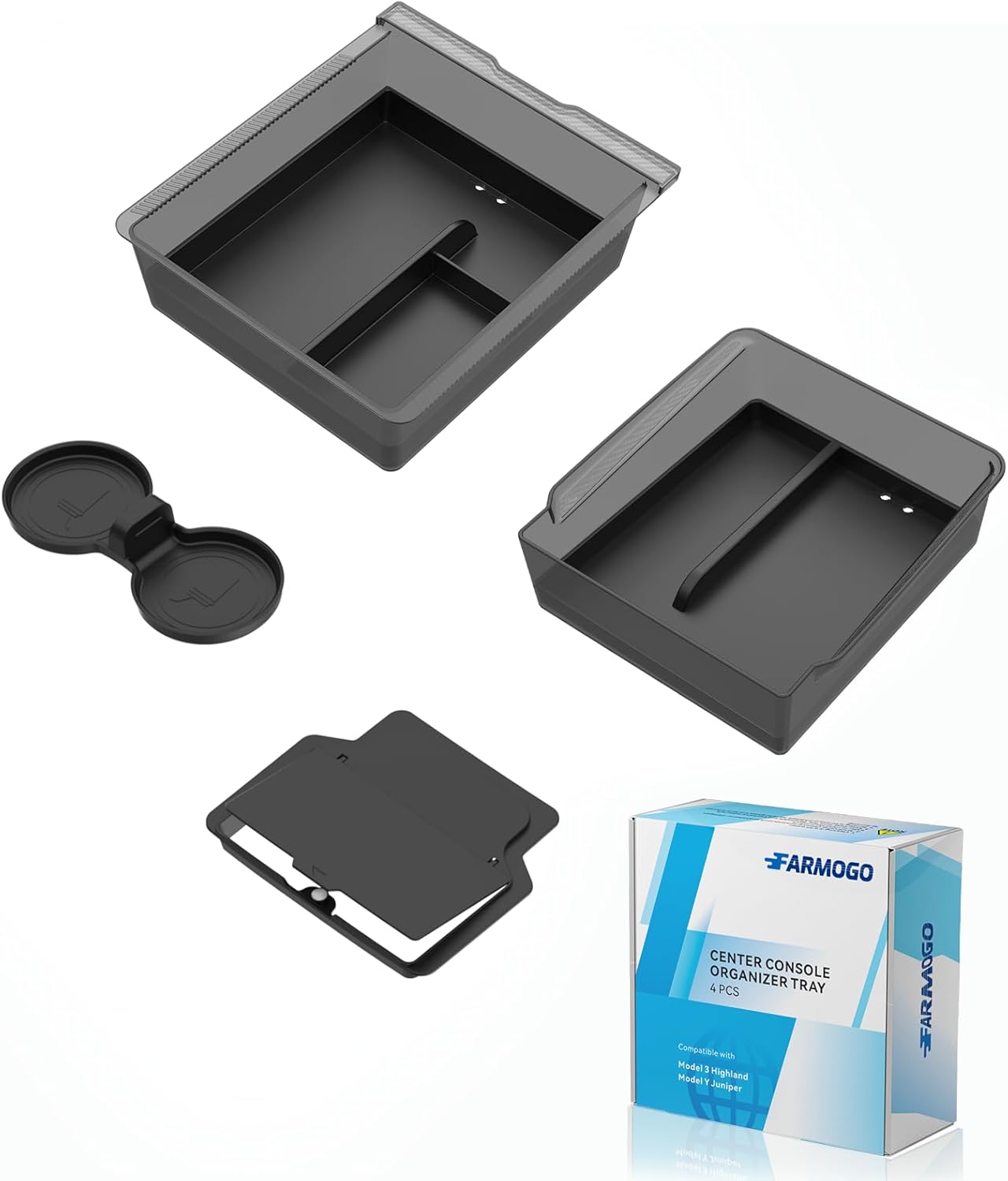 Farmogo 2025 Center Console Organizer Tray for Tesla Model Y Juniper & Model 3 Highland 2025/2026 [Slide Smoothly, PC+Silicone] for Tesla New Model 3 & Model Y Accessories, Set of 4 Transparent Gray