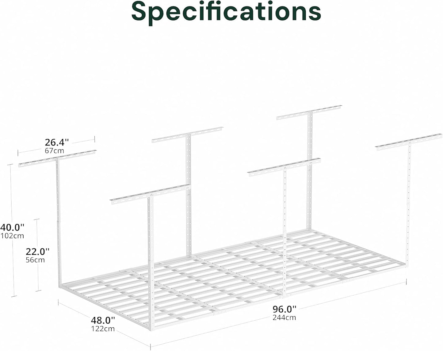SunsGrove 4x8 Garage Storage Overhead Rack Organization, Adjustable Ceiling Mounted Storage Racks, 800LBS Weight Capacity, 22"-40" Ceiling Dropdown, 2 Pcs, White