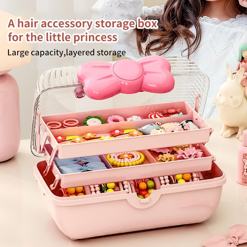 Bow Knot Hair Accessories Organizer Box Cute Dust Proof Childrens Jewelry Storage Box 3 Layers Plastic Storage Box for Hair Clips,Headbands,Hair Bands,Jewelry,Etc