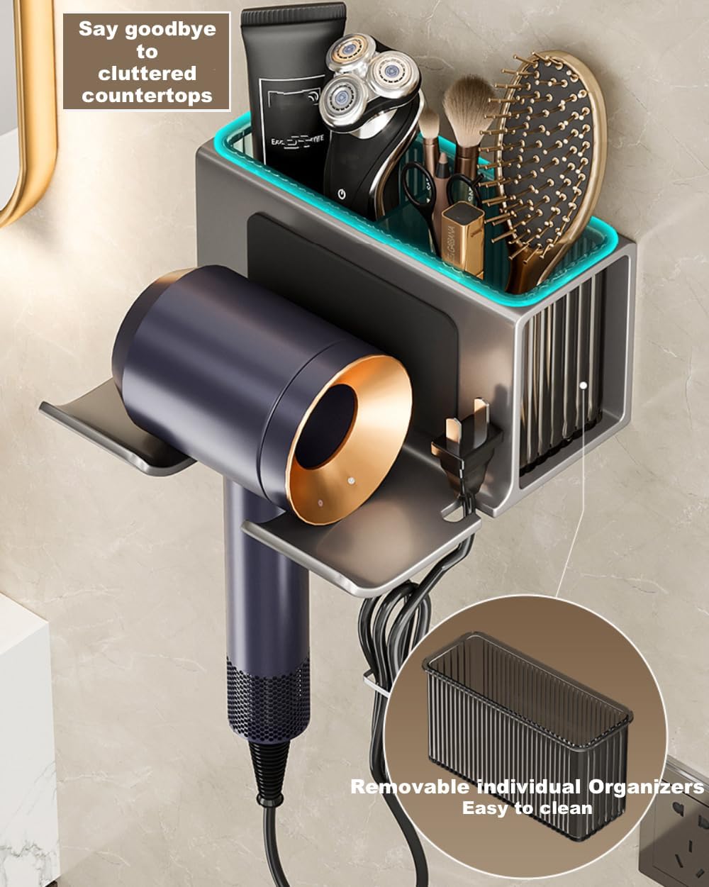 Hair Dryer Holder Wall Mounted,with Individually Removable Organizer Box, Aluminum Blow Dryer Holder for Bathroom, Salon Organizers & Storage(Gunmetal Grey),Weight Capacity 10 kg (22 lbs)