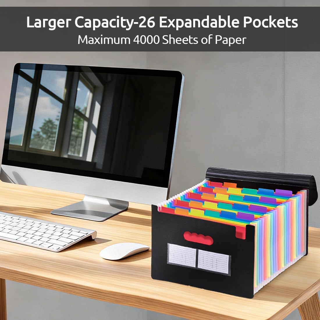 SKYDUE Accordion File Organizer with 26 Pockets & Label Stickers, Expanding File Folders Fit for A4 & Letter Size Paper, Multi-Functional Document Organizer for Home & Office File Management