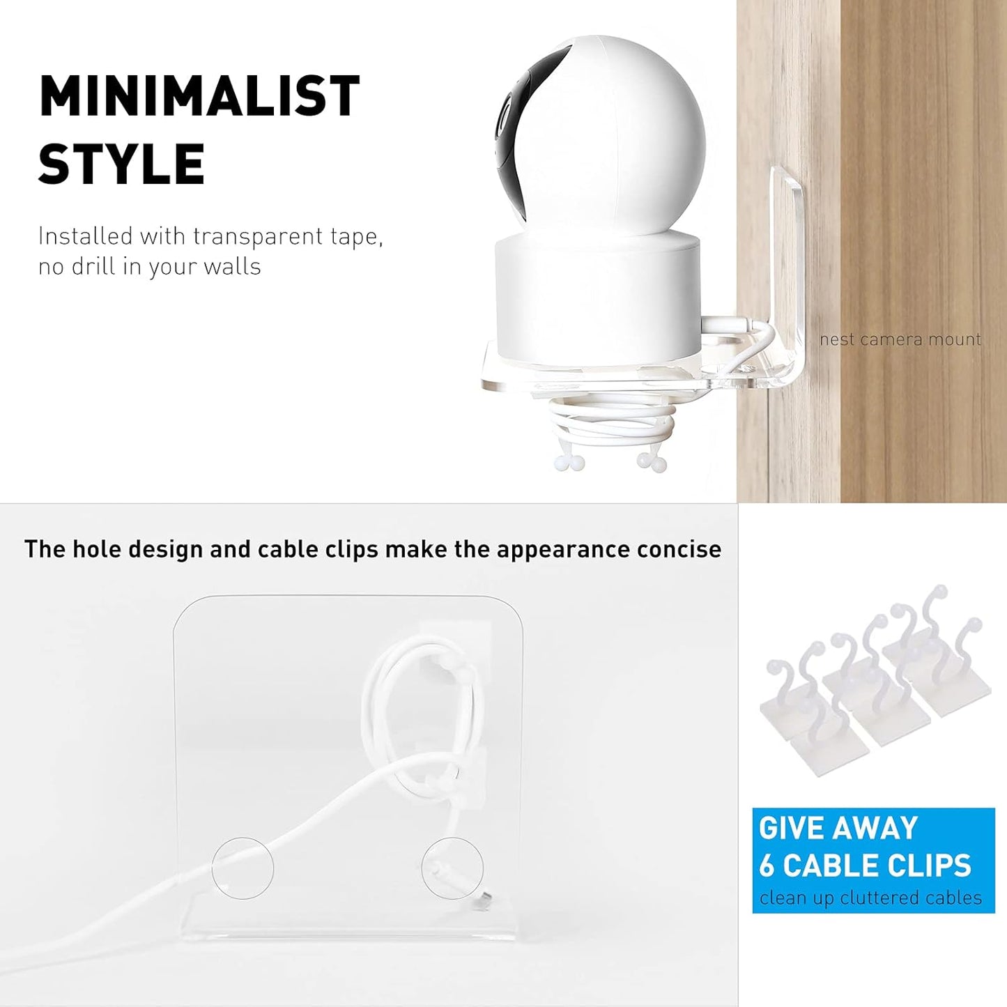 OAPRIRE Acrylic Floating Wall Shelves Set of 3 for Security Cameras, Baby Monitors, Speakers - Universal Small Wall Shelf with Cable Clips, 10-Piece Strong Tapes, No Drill (Clear)