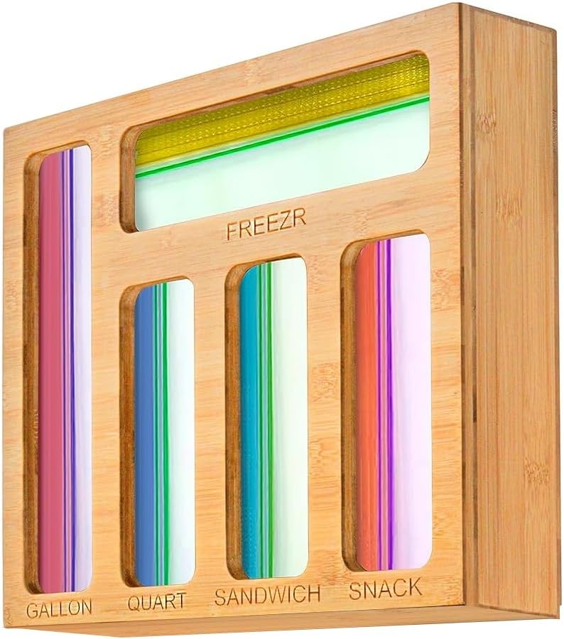 Bag Storage Organizer for Kitchen Drawer, Bamboo Organizer, Compatible with Gallon, Quart, Sandwich and Snack Variety Size Bag (1 Box 5 Slots)