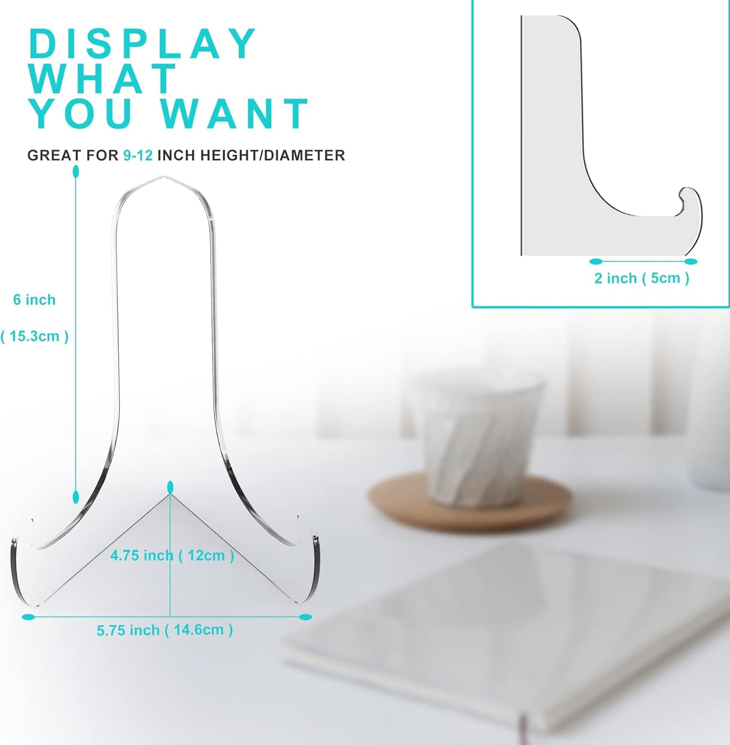 Boloyo 60-Degree Angle Acrylic Plate Display Stand , 6 Inch 2PC Clear Acrylic Display Holder Easel Base for Home Office Kitchen School Art Display