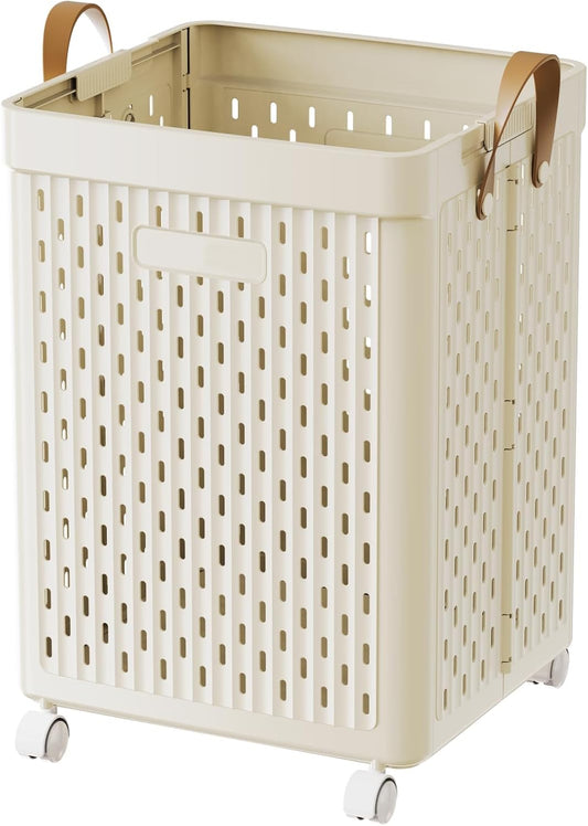 UAK Laundry Basket with Wheels, Collapsible Plastic Laundry Hamper with Handle, Foldable Laundry Basket Organizer for Laundry and Bathroom (Light Yellow, XXL)