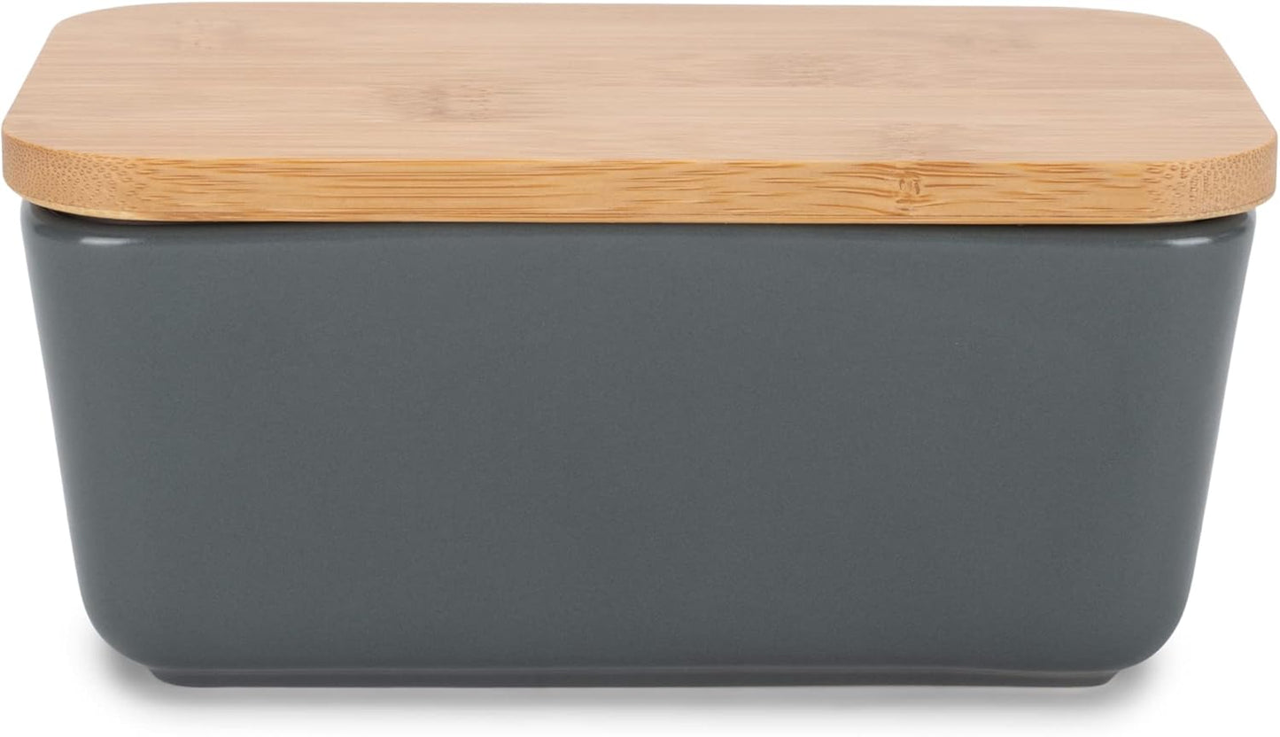 Nat & Jules Ceramic Stoneware 1/2 Pound, 2 Sticks Butter Dish with Airtight Bamboo Lid, Kitchen Accessory, Container Holder, Refrigerator Storage and Countertop Organization, Matte Grey