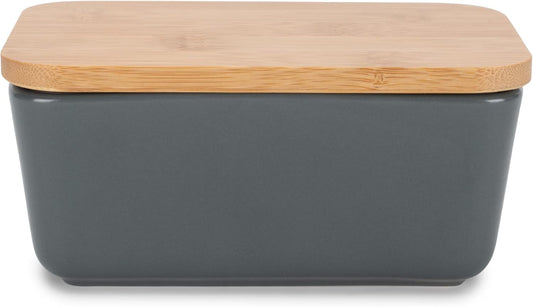 Nat & Jules Ceramic Stoneware 1/2 Pound, 2 Sticks Butter Dish with Airtight Bamboo Lid, Kitchen Accessory, Container Holder, Refrigerator Storage and Countertop Organization, Matte Grey
