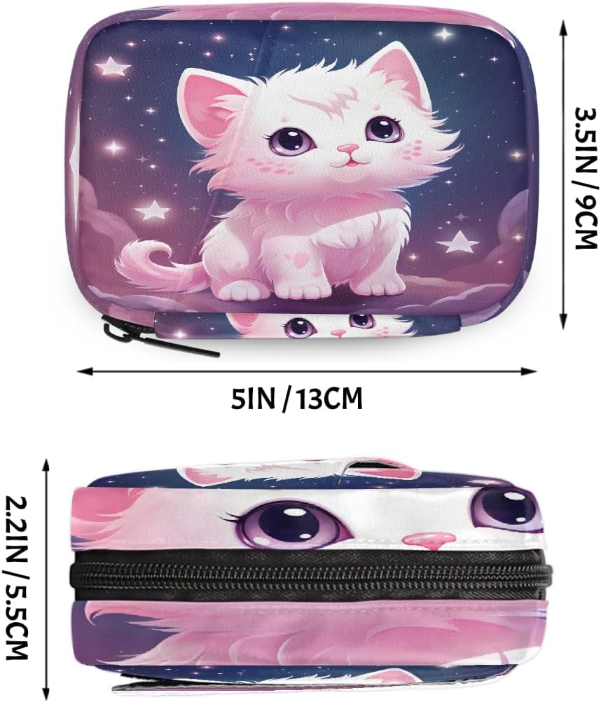 Lovely Cat Starry Sky Pill Organizer Travel Medicine Case with Zipper Daily Vitamin Storage Bag Portable 8 Slot Weekly Pill Box Supplement Holder for Home Office Gym Travel