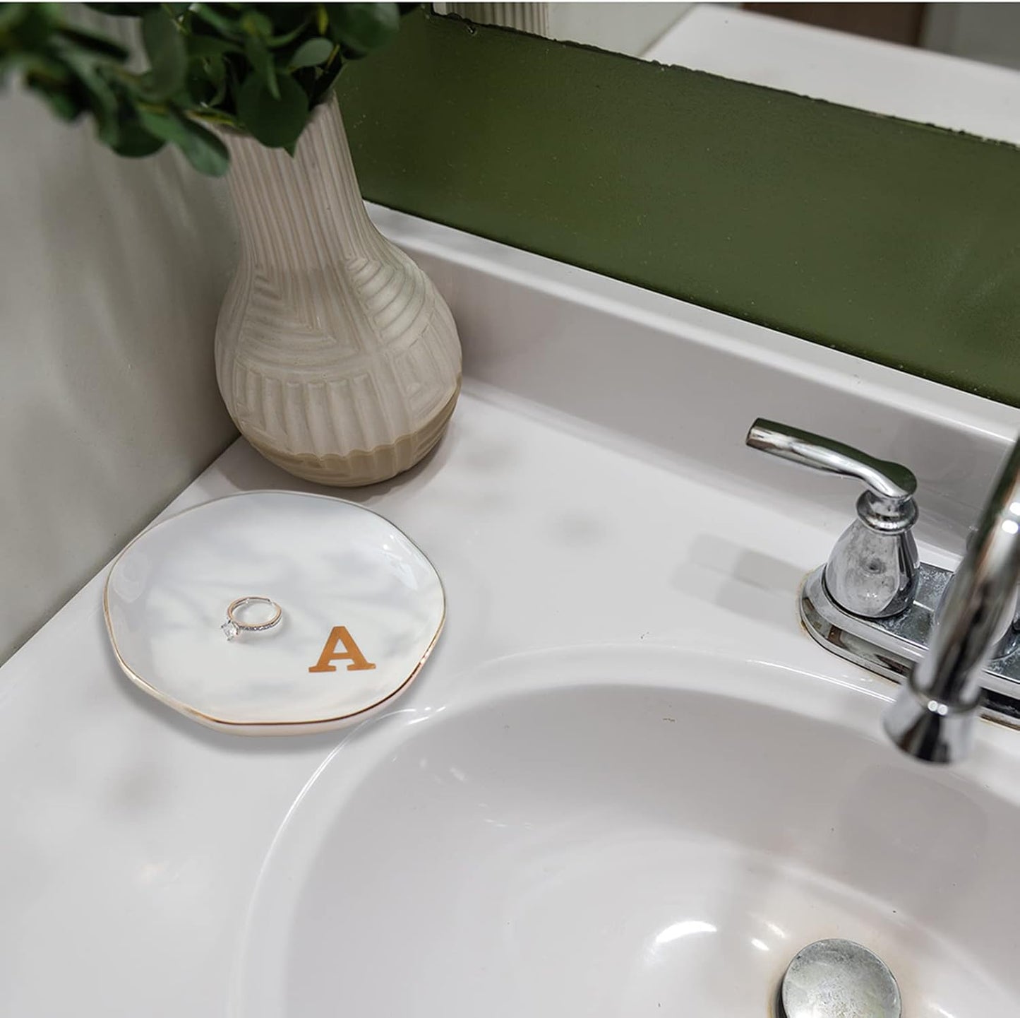 Initials Ring Dish Jewery Tray with Personalized A-Monogrammed Gifts Wedding Engagement for Women Friends sister,Ceramic White