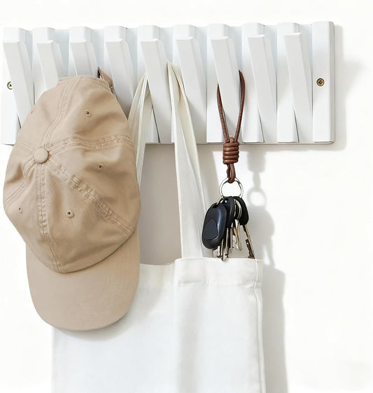 Coat & Hat Hooks Wall Mount with Key Holder, Wall Mounted Coat Rack with 9 Retractable Hangers, Solid Wood Slim Key Holder for Entryway Decor, 17in Natural Finish