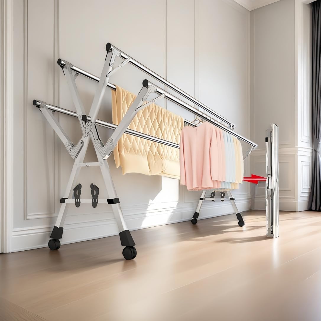 Adjustable 5-Bar Clothes Drying Rack, Foldable Stainless Steel Laundry Stand with Lockable Wheels, Extendable from 59 to 94.5 Inches,for Clothes, Shoes, and Bedding