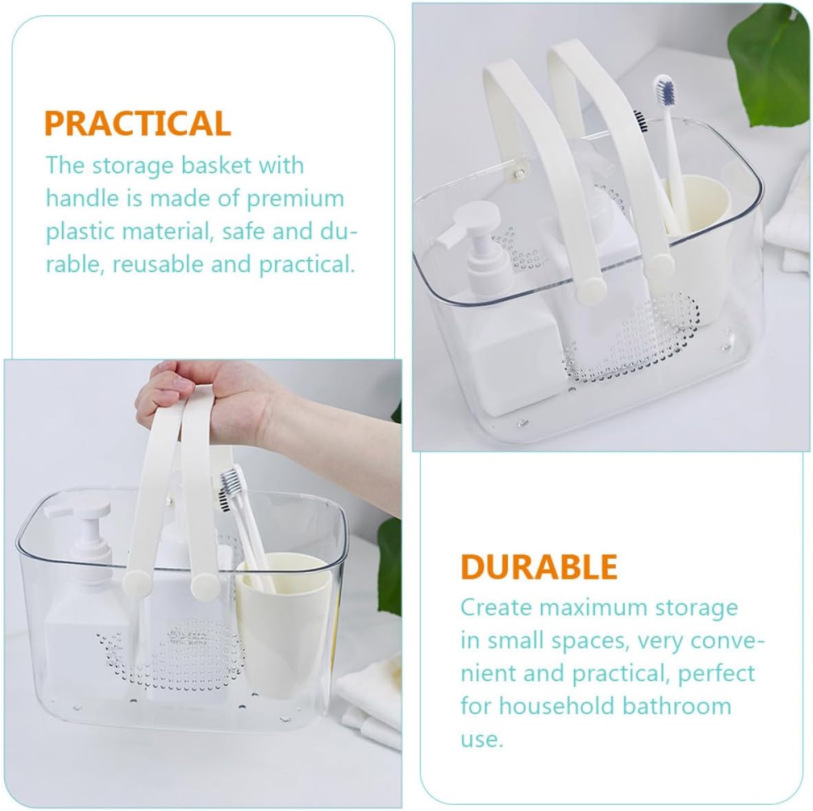 Ergonomic Handle Plastic Storage Basket Bathroom Organizer with Drainage Design Large Capacity Portable Caddy for Household Toiletries and Cleaning Supplies
