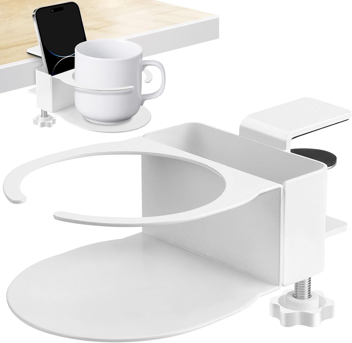 Desk Cup Holder for Coffee Mugs, Tumblers, Water Bottles with Mobile Phone Stand, Anti-Spill Metal School Home Office Accessories (White-1)
