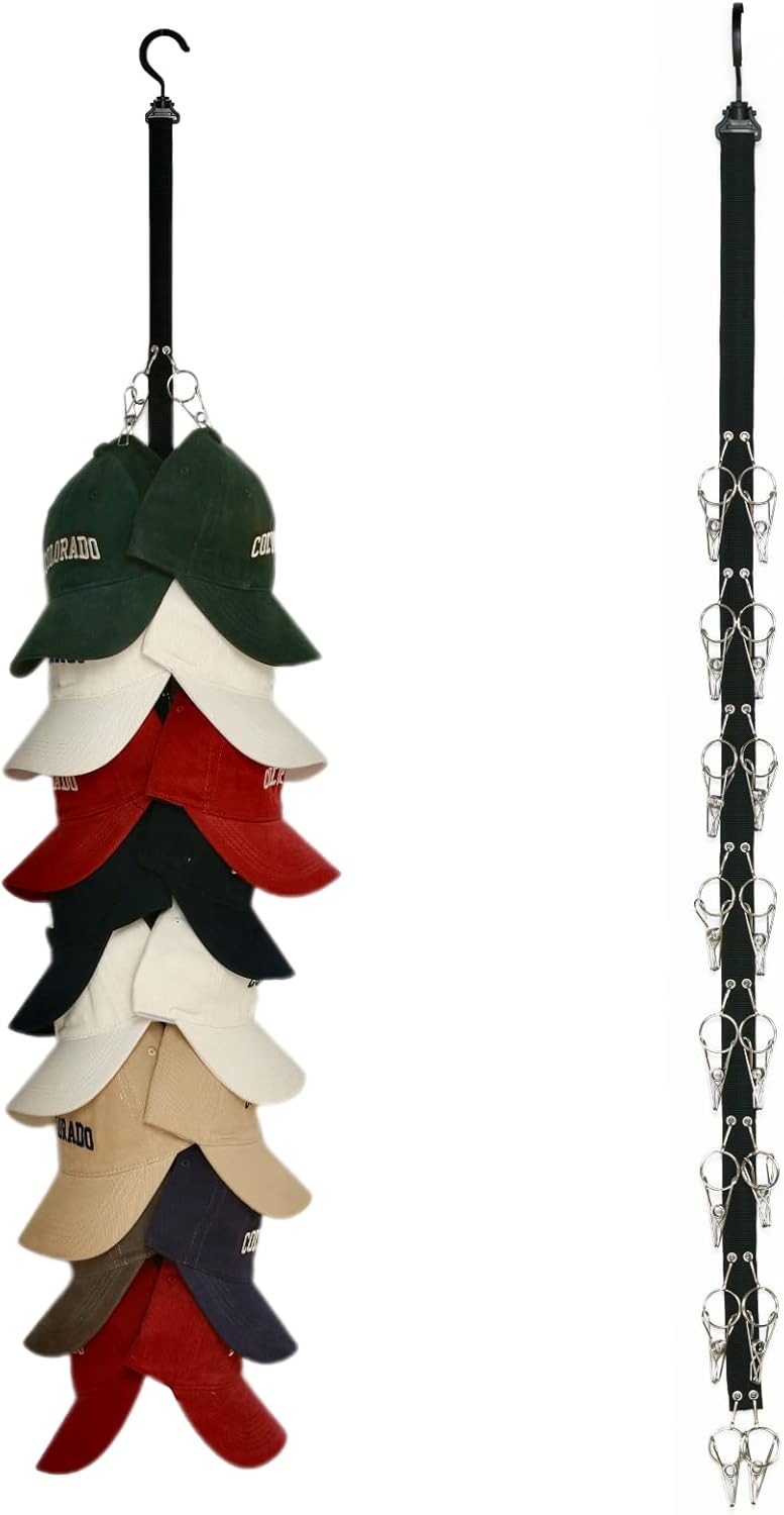 IKI Hat Organizer for Baseball Caps - Holder Closet 2Pack Each 16 Premium Clips, Good Hangers Rod, Display Wall Mount, Easy Storage Racks and Hats, Black